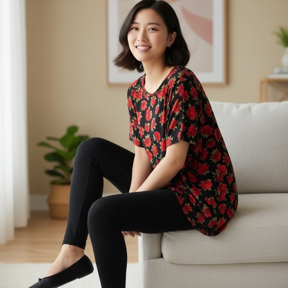 Gorgeous oversized loose fitting black blouse with red roses. - Picture 3 of 8